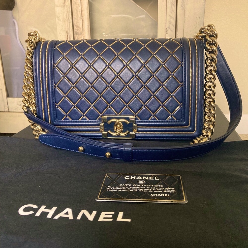 CHANEL Navy Boy Flap Medium in Lambskin metallic gold quilt + shiny gold chain